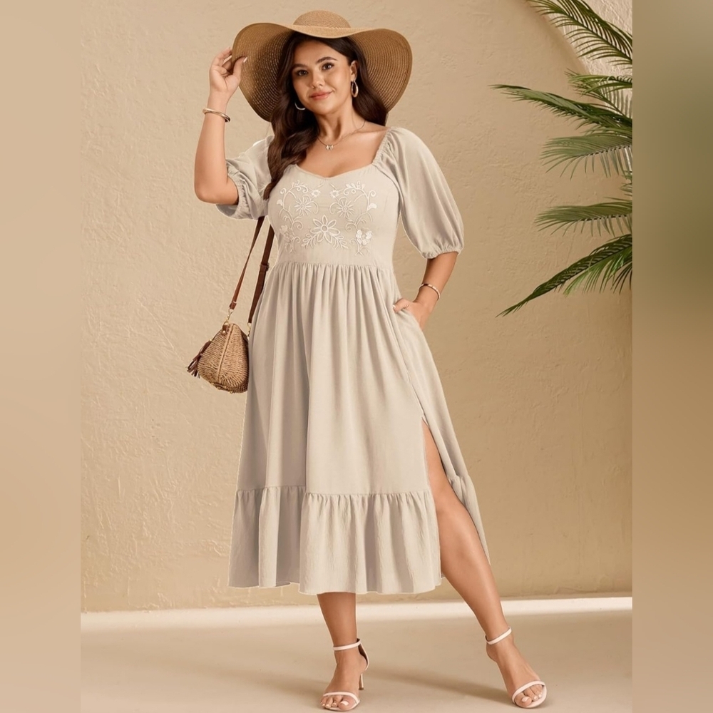 Beige Boho Embroidered Midi Dress | Cottagecore Smocked Ruffle | XL